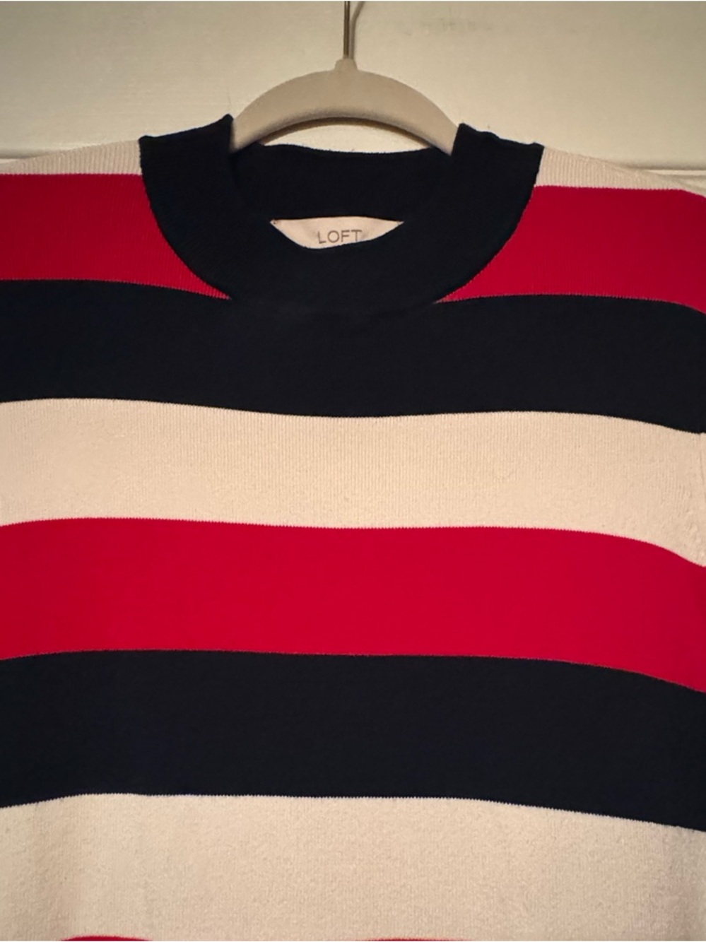 LOFT Sz Large Navy, Red and Off White Striped Sweater Dress w/glitter sleeve hem - Picture 3 of 10